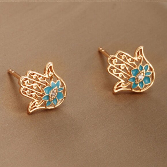 3/$35 18K Gold Plated Copper Ear Studs Flower Palm Hand Hamsa Small Earrings - Picture 1 of 4